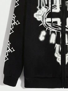 ROMWE MEN Men's Front Zip Up Letter Print Hooded Casual Sweatshirt - Black - View 3
