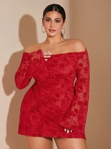 SHEIN BAE Plus Size Women's Black Off-Shoulder Jacquard Mesh Elegant Romantic Sweet Sexy A-Line Long Sleeve Ruched Dress, Autumn/Winter