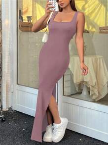 Flirla Women's Autumn Sexy Twist Back Open-Back Side Slit Dress Maxi Women Outfit