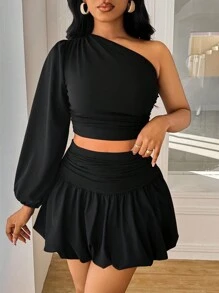 VaVaBold 2pcs Set Black Ruched Puff Sleeve Top And Mini Ruffle Hem Skirt Fall Cloth For Women - Black - View 4