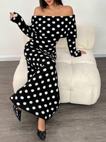 Roamenne Roamenne 1pc Women's Off-Shoulder Polka Dot Knitted Sweater Dress, Maxi Length - Multicolor - View 3