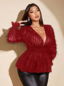 SHEIN Unity Blus Seksi Ukuran Besar dengan Detail Kerutan di Pinggang dan Rumbai, Atasan Peplum untuk Pakaian Musim Gugur dan Tahun Baru - Merah - View 3