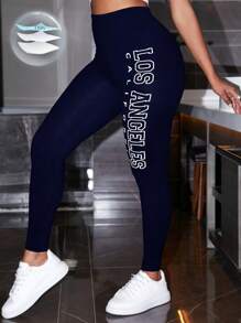 SHEIN Unity 字母圖案寬腰帶緊身打底褲 - 藏蓝色 - 查看 1