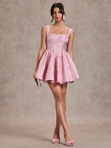 SHEIN BAE 女士蝴蝶结装饰提花露背粉色毕业派对蓬松连衣裙，女士淡色连衣裙 - 粉色 - 查看 7