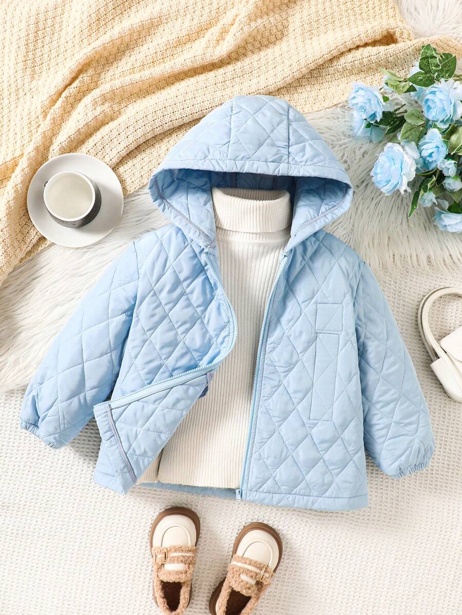 SHEIN 年轻女孩纯色宽松连帽加厚保暖夹克 - 藍白色 - 查看 1