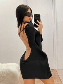 SHEIN ICON Đầm lưới hở lưng tay dài màu trơn gợi cảm cho nữ - màu đen - Xem 2