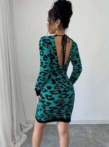 Elenzga Abito corto casual da donna con stampa leopardata, maniche lunghe e senza schienale con lacci - Verde - Visualizzare 2