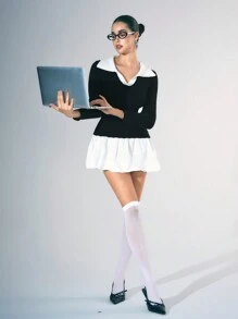Flirla Robe pull nouvelle automne et hiver, robe simple casual avec col chemise contrastant et empiècement