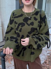 DAZY 女士宽松圆领豹纹套头毛衣 - 彩色 - 查看 1