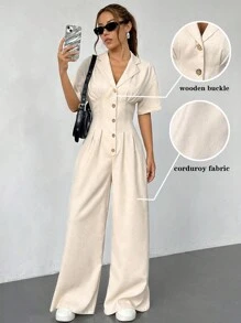 Flirla 女式翻領短袖純色鈕釦連體褲，優雅時尚，潮流酷感