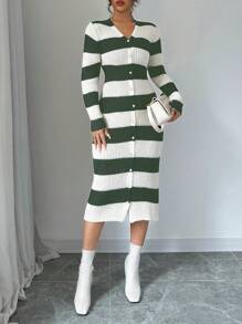SHEIN Unity Women Color Block Striped Button Front Knit Sweater Dress, Casual Everyday Wear, Autumn/Winter - Green - View 5
