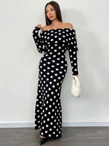 Roamenne Roamenne 1pc Women's Off-Shoulder Polka Dot Knitted Sweater Dress, Maxi Length - Multicolor - View 4
