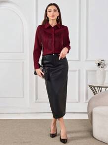 Modelyn 纯色流苏装饰前扣优雅办公室长袖衬衫 - 酒紅色 - 查看 3