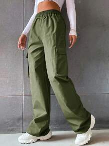 SHEIN LUNE Flap Pocket Side Cargo Trousers - Army Green - View 3