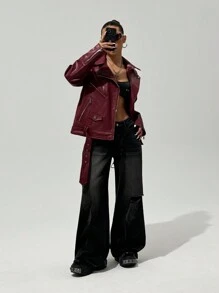 StreetHx Women's Belted Faux Leather Burgundy Red Long Sleeve Zipper Collar Loose Motorcycle Jacket, For Autumn&Winter - Burgundy - View 2