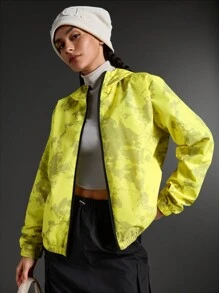 SHEIN Sports 休闲撞色印花连帽运动夹克 - 芥末黃 - 查看 8