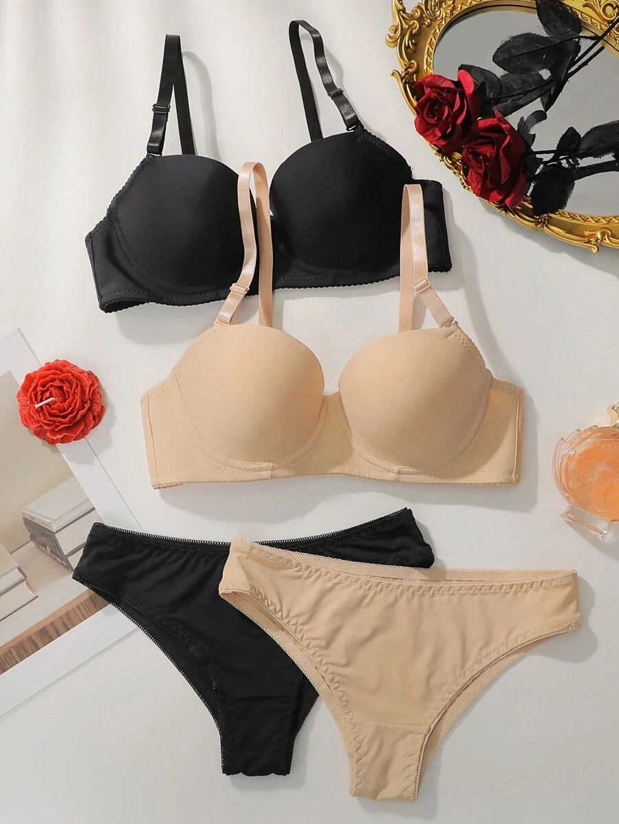 2 Sets Ladies' Solid Color Bra Set Underwire & Triangle Panties - Multicolor - View 1