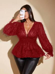SHEIN Unity Blus Seksi Ukuran Besar dengan Detail Kerutan di Pinggang dan Rumbai, Atasan Peplum untuk Pakaian Musim Gugur dan Tahun Baru - Merah - View 6