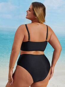 Plus Size V-Neck Solid Color Mesh Splice Tankini Bikini Set Set, Summer Beach