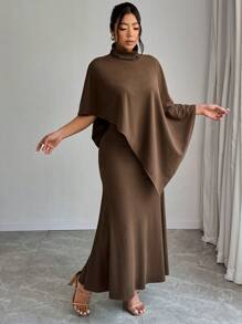 SHEIN Clasi Women Solid Color Turtleneck Sleeveless Top & Fitted Skirt Set, Elegant - Coffee Brown - View 4