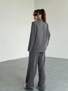 SHEIN EZwear 秋冬季女士纯色前开襟长袖口袋翻领上衣和裤子休闲套装（2件套） - 灰色 - 查看 2