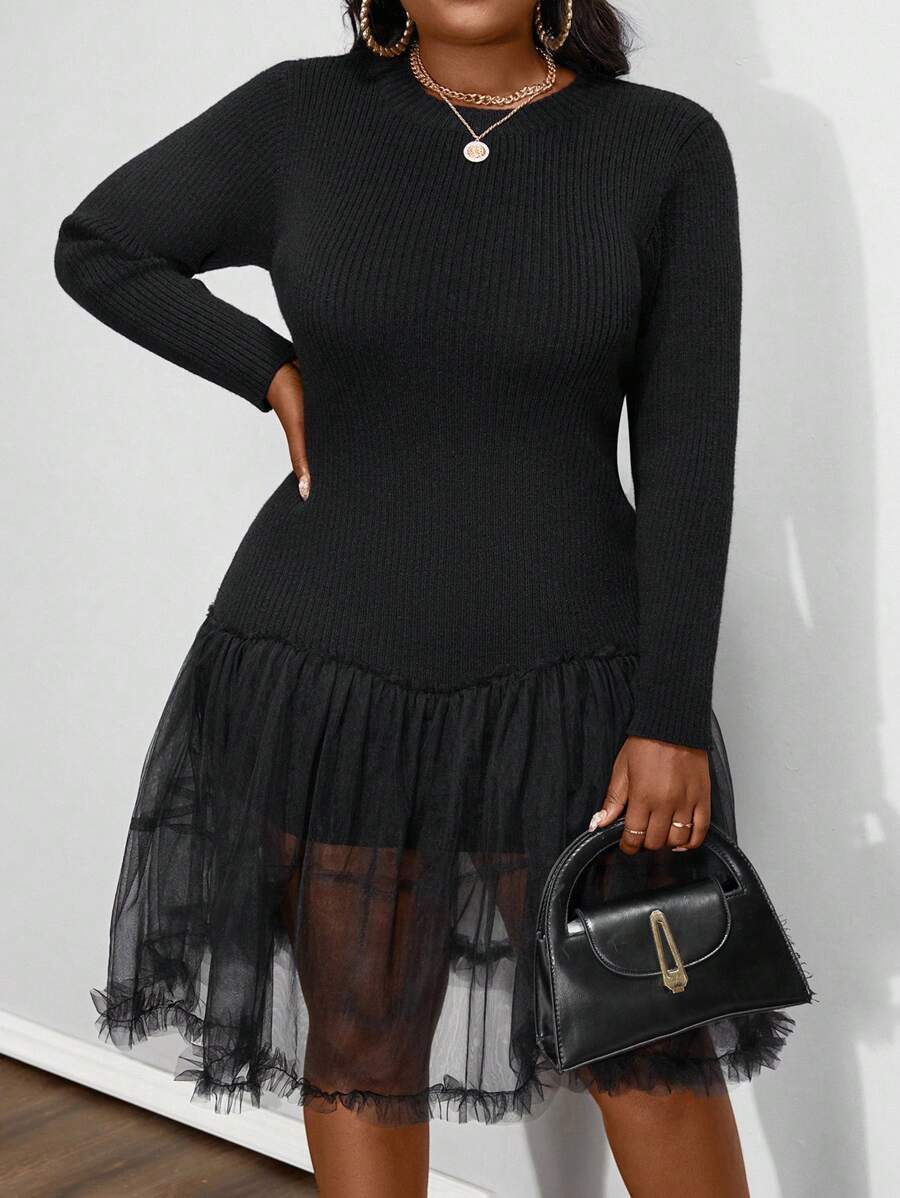 Maweii Plus Size Women Autumn/Winter Casual Solid Color Bodycon Ribbed Mesh Contrast Sweater Dress Fall Cloth For Women - Black - View 1