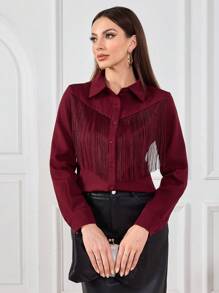 Modelyn 纯色流苏装饰前扣优雅办公室长袖衬衫 - 酒紅色 - 查看 7