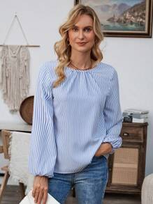 EMERY ROSE Áo sơ mi nữ dáng rộng, kẻ sọc, tay phồng, thích hợp mặc vào mùa thu. - Nhiều màu - Xem 4