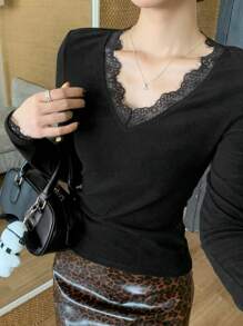 DAZY Women Casual Plain Color Lace Trim Mix Long Sleeve T-Shirt, Autumn/Winter