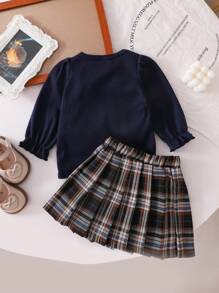 SHEIN Playful Pals 2 件套女童春秋新款卡通可爱 3D 熊开衫上衣 + 格子百褶裙，女宝宝装 - 藏蓝色 - 查看 2