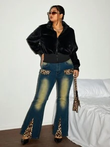 SHEIN ICON Plus Size Women ICON Stand Collar Fluffy Fleece Jacket - Black - View 2