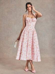 SHEIN BAE 纯粉色和碎花荷叶边领口系带蕾丝泡泡袖长裙，适合鸡尾酒会、浪漫约会、针织连衣裙下分层、派对、新娘送礼会、万圣节、圣诞节 - 淺粉色 - 查看 7