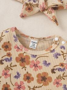 SHEIN Đứa bé gái In hoa Romper Với băng đô , Mùa hè - Màu be - Xem 9