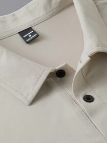 Manfinity Homme 男士休闲拼色口袋长袖纽扣 Polo 衫，秋季，适合外出 - 杏色 - 查看 5
