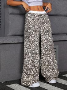 SHEIN ICON Women Denim Leopard Print Pants, Street Style, Casual, Y2K