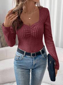 SHEIN LUNE 1 件女式保暖内衬罗纹高领紧身连身衣，驼色，秋冬 - 紅色 - 查看 4