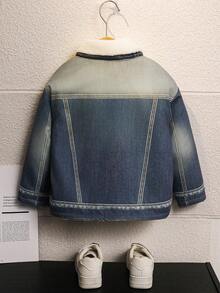 SHEIN 1 件年轻男孩休闲可爱日常牛仔效果保暖内衬加厚舒适保暖长袖立领夹克，适合外出、上学、聚会、秋冬 - 藍色 - 查看 2