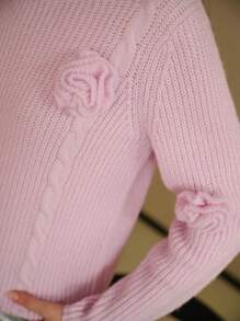 MOTF STUDIO SOLID STEREO FLOWER DETAIL RIBBED KNIT SWEATER - Baby Pink - View 3
