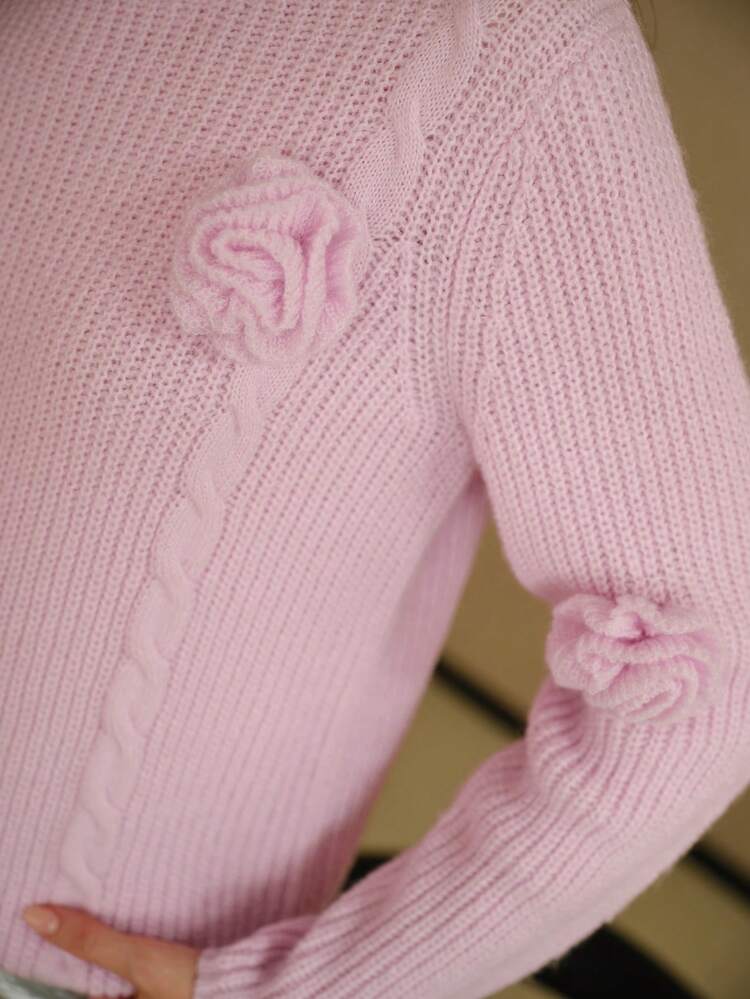 MOTF STUDIO SOLID STEREO FLOWER DETAIL RIBBED KNIT SWEATER