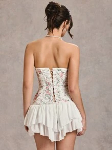 SHEIN BAE Váy ngắn cổ tim xếp nếp thêu hoa thanh lịch, mùa hè - trắng - Xem 2