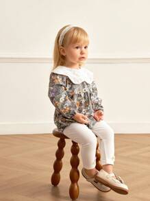 SHEIN Ensemble body et pantalon côtelé avec nœud au poignet pour bébé fille, style doux et mignon. Col claudine, imprimé vert, broderie, bas évasé. Tenue mode automne/hiver