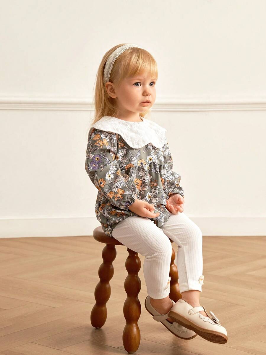 SHEIN Ensemble body et pantalon côtelé avec nœud au poignet pour bébé fille, style doux et mignon. Col claudine, imprimé vert, broderie, bas évasé. Tenue mode automne/hiver