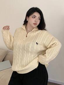 Dazy Plus 加大码宽松针织套头衫，拉链领，刺绣装饰，适合冬季、秋季女装 - 杏色 - 查看 1