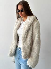 Aloruh Minimalist Commuter Notched Collar Long Sleeve Short Fit Textured Faux Fur Jacket, Autumn/Winter - Apricot - View 7