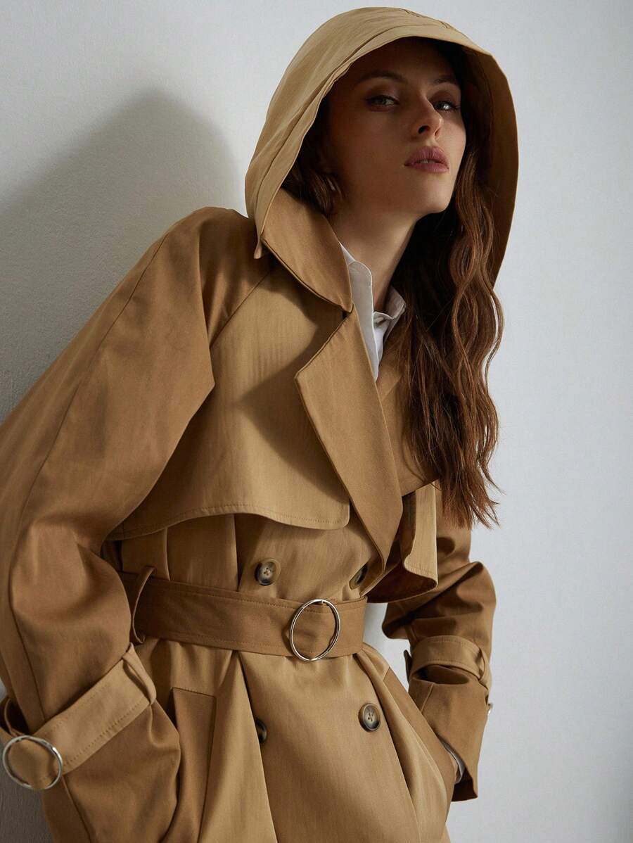 Aveloria Modichic Commuting Versatile British Style Matching Color Khaki Canvas Belt Design Hooded Classic Extra Long Knee Length Trench Coat  - Multicolor - View 1