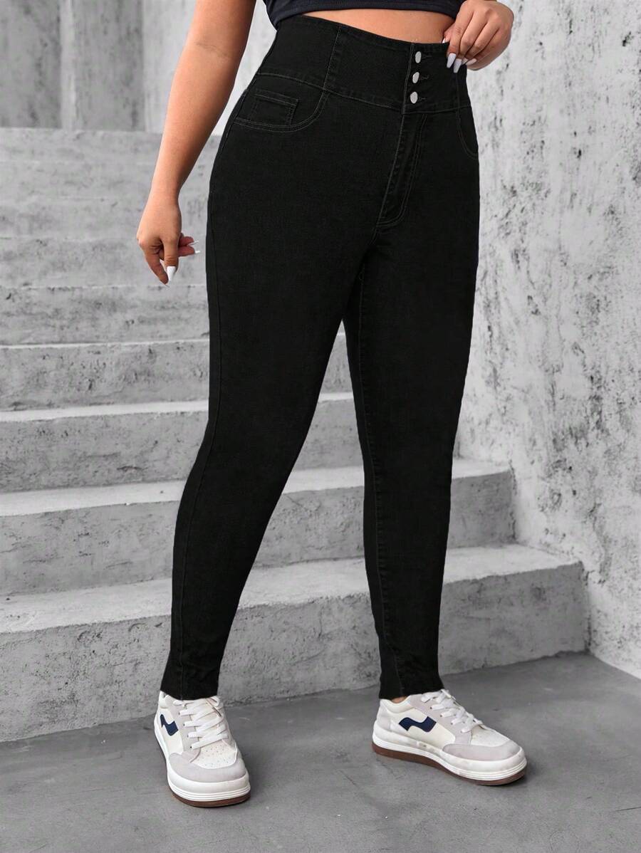 SHEIN CURVE+ Plus Size Women Elastic High Waist Black Skinny Jeans With Multiple Buttons - Black - View 1