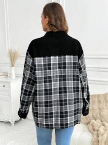 SHEIN LUNE 大码女式拼布格子长袖单排扣口袋休闲夹克，秋季感恩节女式新年冬装女式热卖，办公室穿着 - 彩色 - 查看 6