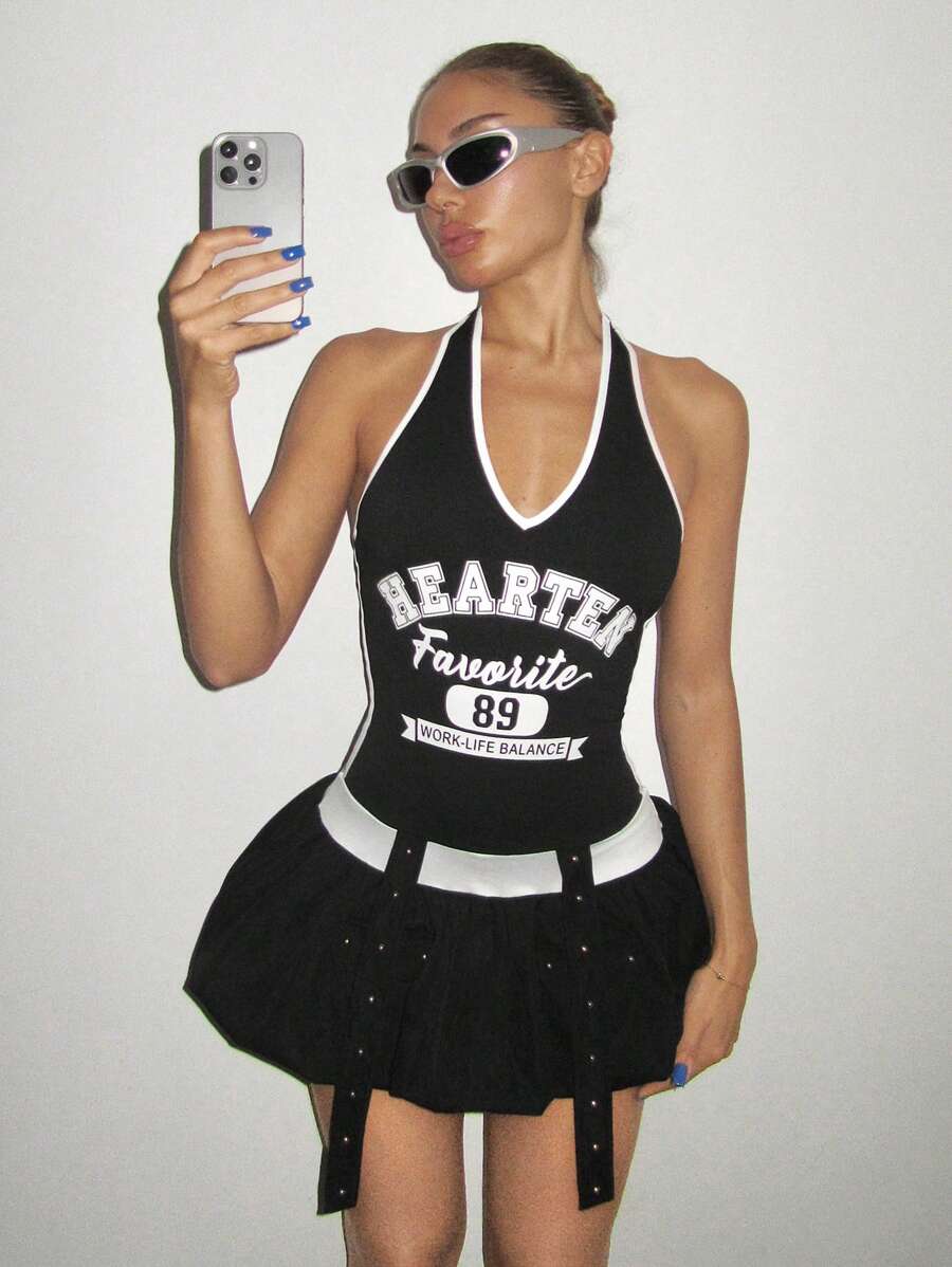 SHEIN ICON Y2k 黑色修身深 V 领泡泡袖连衣裙露背迷你连衣裙运动装 - 黑與白 - 查看 1