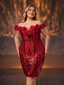 SHEIN Belle Plus Size Red Luxurious Sheer Sequin Off Shoulder Rose 3D Flower Elegant Cocktail Mini Dress, Wedding Guest Dress - Red - View 6