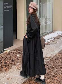 DAZY Women Solid Color Crew Neck Drawstring Long Sleeve Hoodie Midi Dress, Autumn & Winter,Fall Women Clothes - Black - View 6